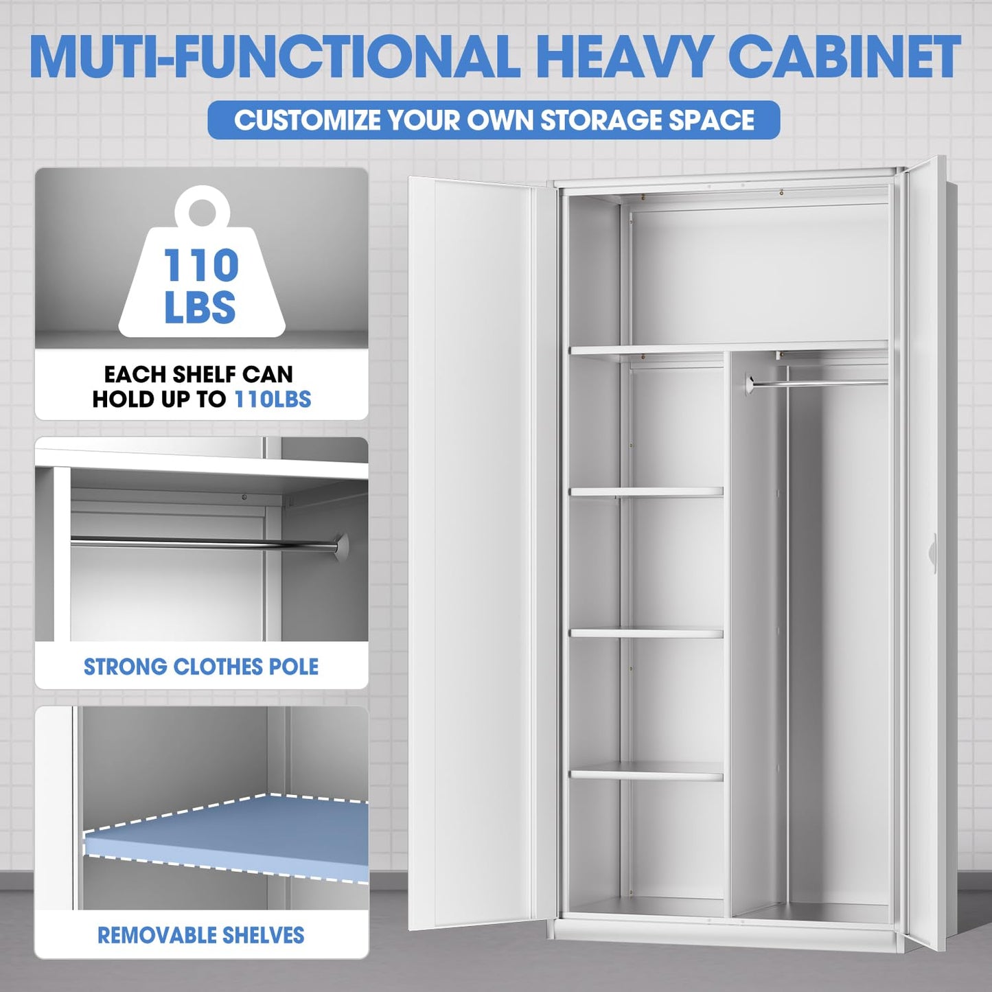 DNA MOTORING Metal Storage Cabinet, 72" Storage Wardrobe with Lock and Hanging Rod, Locking Cabinet Heavy Duty Utility Cabinet with 4 Shelves for Garage,Office,Home,Gym, White, TOOLS-00633-WH - WoodArtSupply