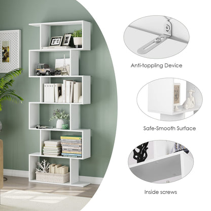 FOTOSOK S-Shaped 6-Tier White Bookcase - Modern Freestanding Display Shelf for Any Room - WoodArtSupply