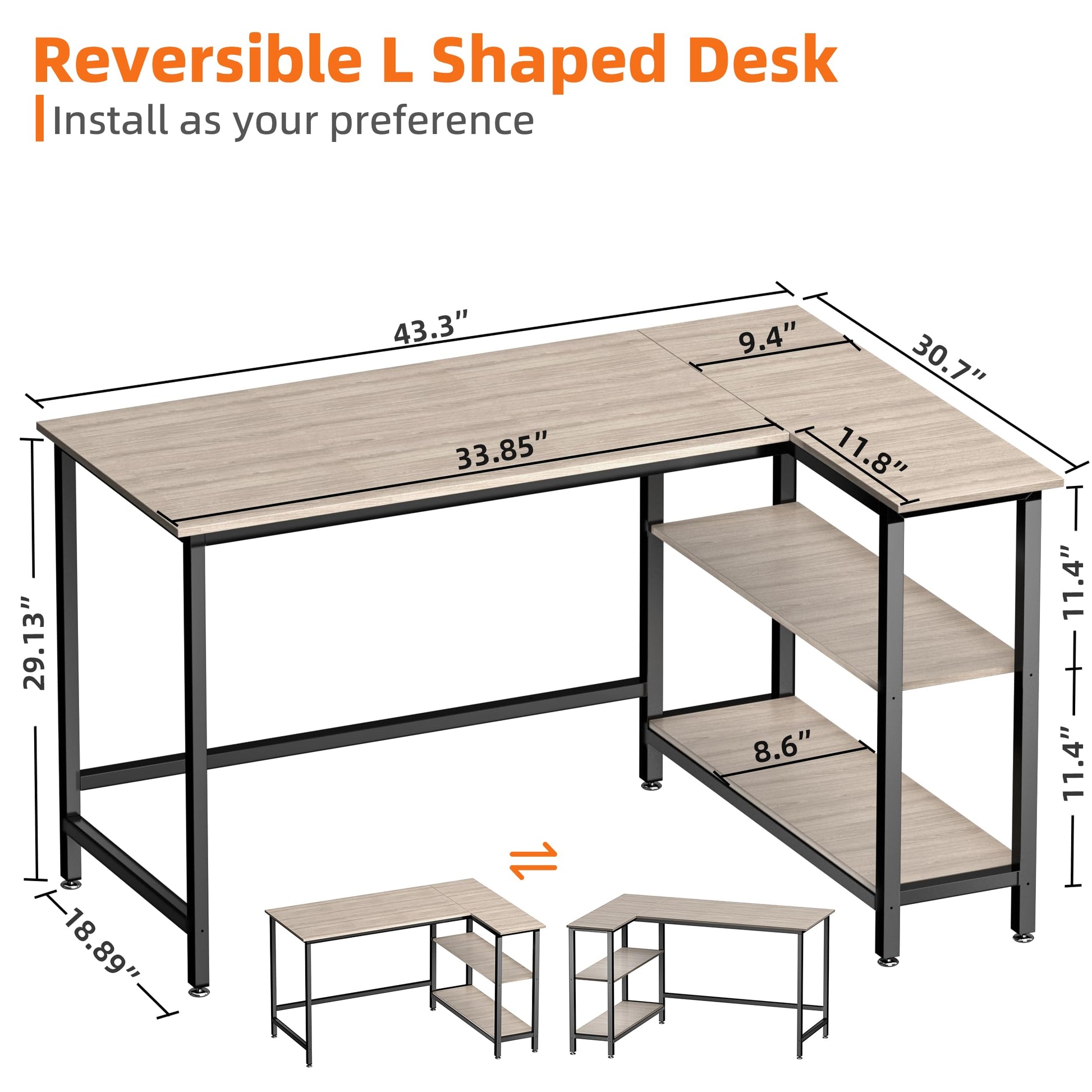 WOODYNLUX L Shaped Computer Desk - 43 Inch Home Office Desk with Shelf, Gaming Desk Corner Table for Work, Writing and Study, Space-Saving, Gray - WoodArtSupply