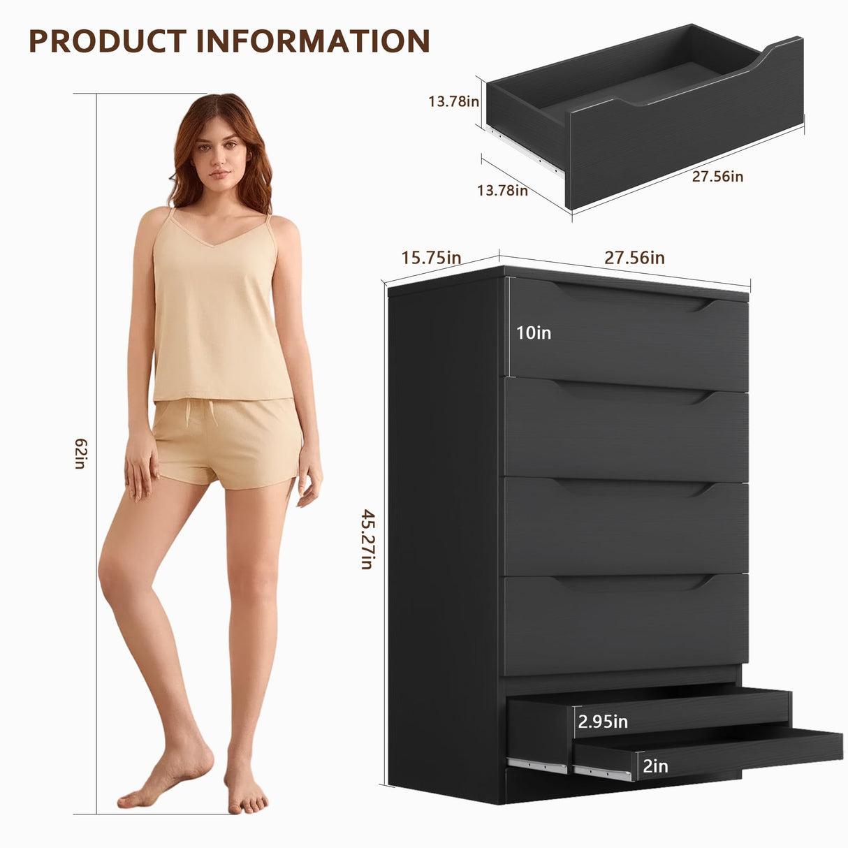 Black Tall 5 Drawer Dresser for Bedroom with Hidden Storage Design, Large Modern Closet Dressers & Chests of Drawers with Cut-Out Handles, 27.6" L*15.8" W*45.3" H for Bedroom, Living Room, Nursery Jocoevol