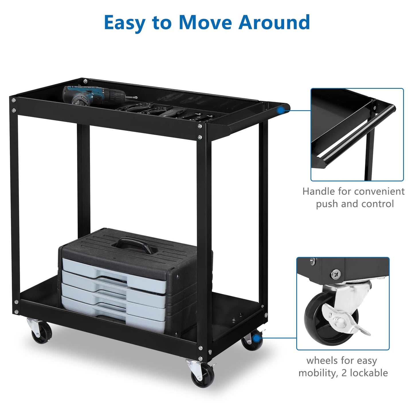 TUFFIOM 2 Tier Rolling Tool Cart, 220 LBS Capacity Industrial Service Cart w/Wheels, 2 Shelf Steel Utility Cart, Tool Storage Organizer for Mechanic, - WoodArtSupply