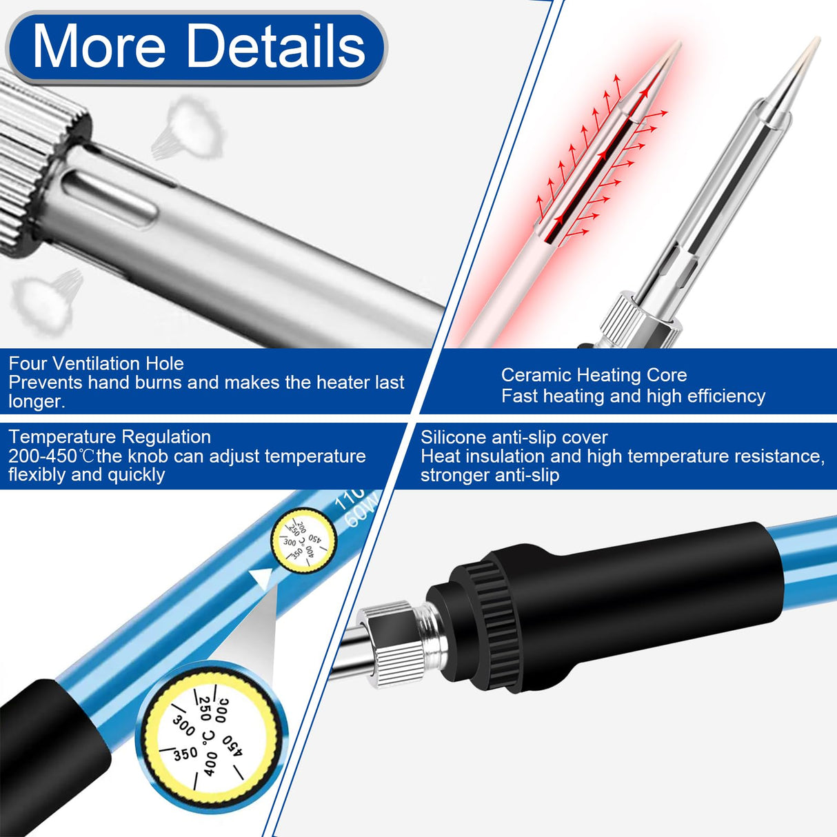 Soldering Iron Kit Soldering Kit With Temperature Adjustable Electric Soldering Gun,60w 110v Soldering Iron With Ceramic Heater,5pcs Different Soldering Tips Soldering Iron Stand (Blue) Vanwoke