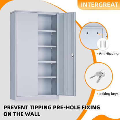 INTERGREAT Metal Storage Cabinets 72” Cement Grey Garage Steel Storage Cabinet with Doors and Shelves, Metal Tool Cabinet, Steel File Cabinet for Home Office, Basement, Warehouse, Classroom