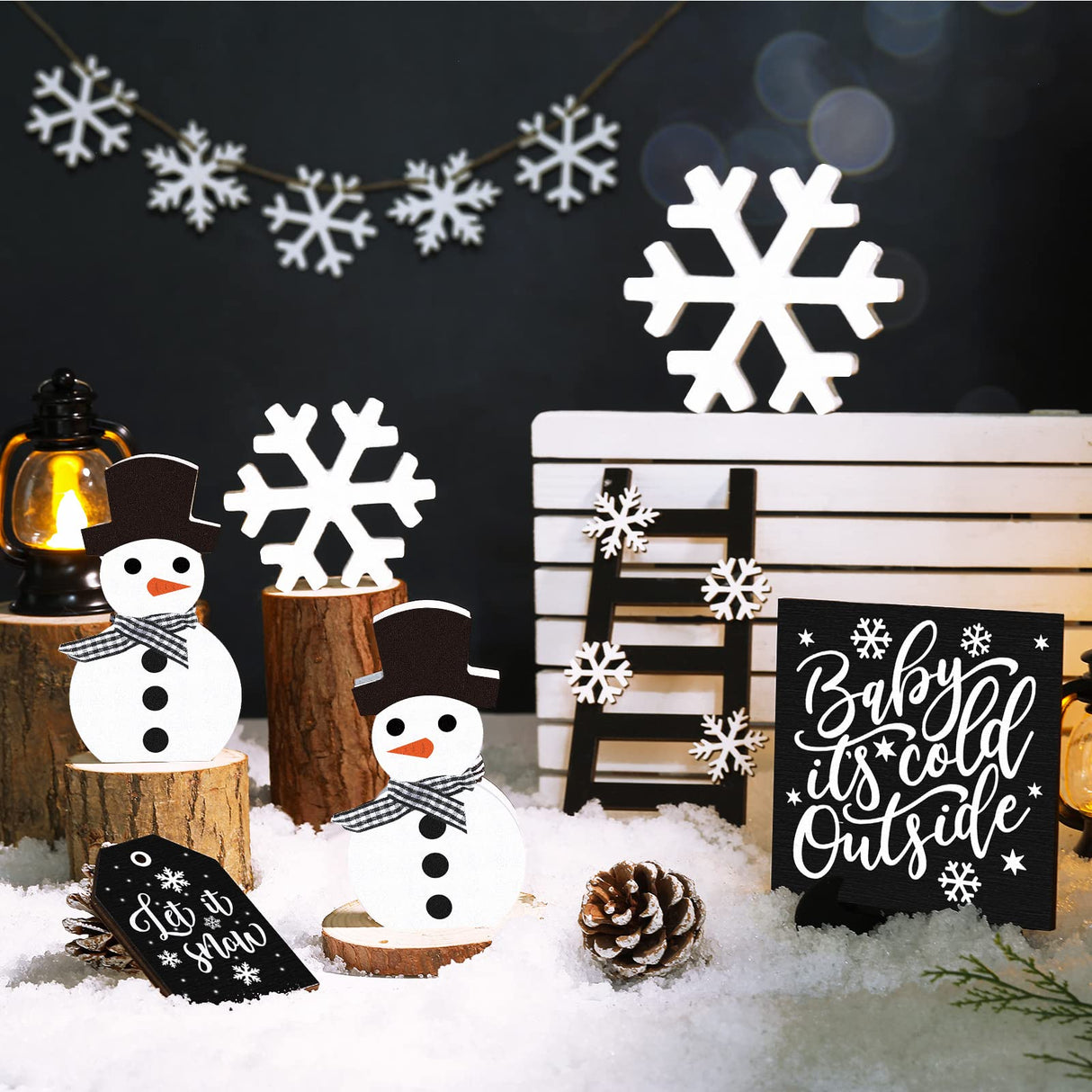 12 Pieces Christmas Winter Tiered Tray Decor Set Snowman Snowflake Table Wood Sign Farmhouse Tabletop Signs for Xmas Winter Home Table Holiday Yalikop