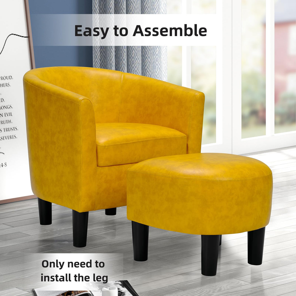 INZOY Modern Accent Chair with Ottoman for Small Space, Club Chair with Ottoman Set, Comfy PU Leather Barrel Reading Chairs for Living Room Bedroom, Round Reading Chair with Foot Rest, Yellow INZOY