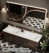 LUTHXAY Double Sinks Bathroom Vanity, 72 Inch Floating Bathroom Cabinet with One-Piece Top & Drawers, Wall Mount Bath Vanities with LED Smart Defog Mirror, Modern Luxurious Solid Wood Vanity(Brown) LUTHXAY