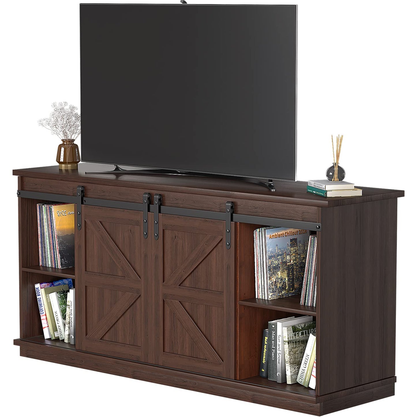 JUMMICO TV Stand for 65 Inch TV, Entertainment Center with Storage Cabinets and Sliding Barn Doors, Mid Century Modern Media TV Console Table for Living Room Bedroom (Brown)