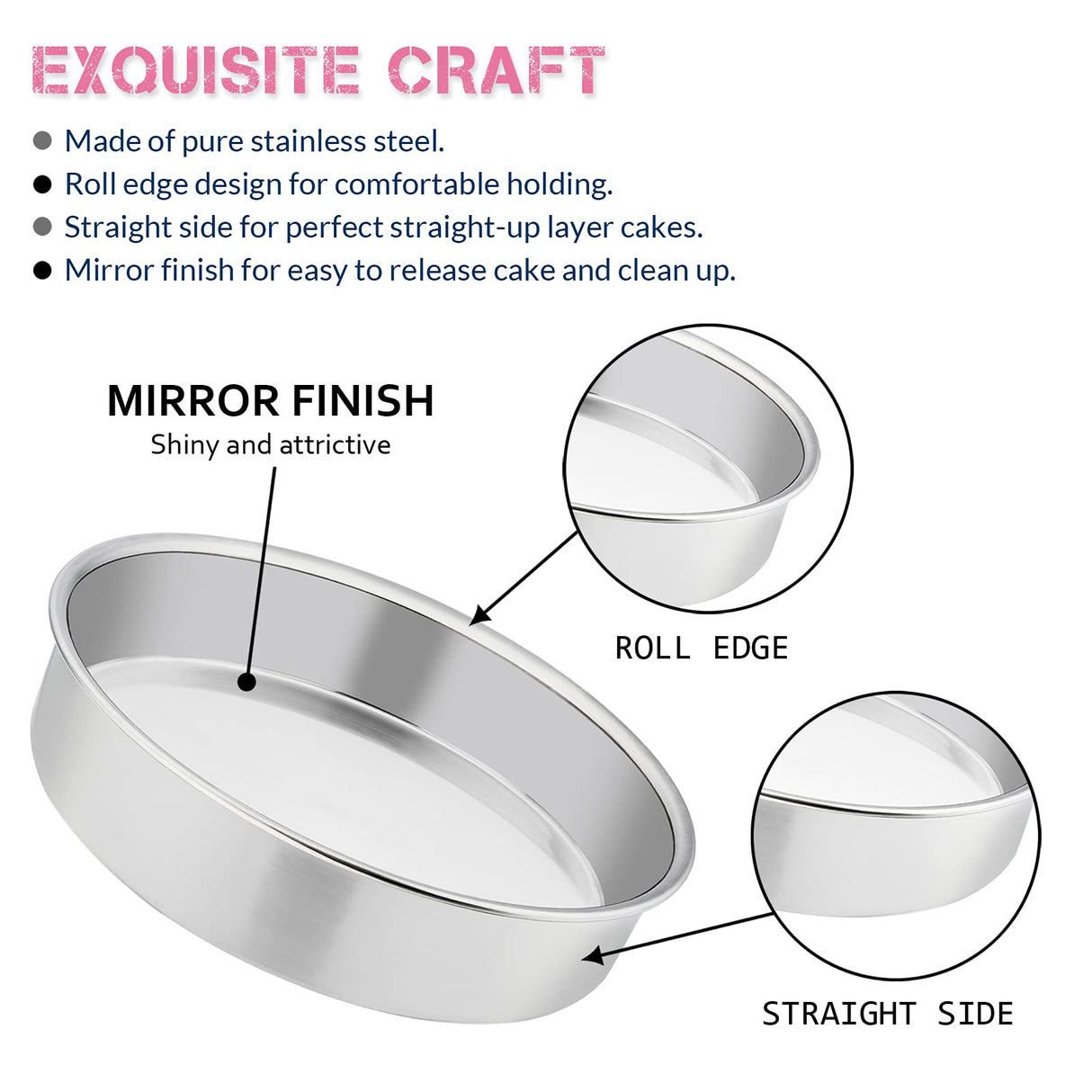 E-far 8 Inch Cake Pan Set of 3, Stainless Steel Round Layer Cake Baking Pans, Non-Toxic & Healthy, Mirror Finish & Dishwasher Safe E-far