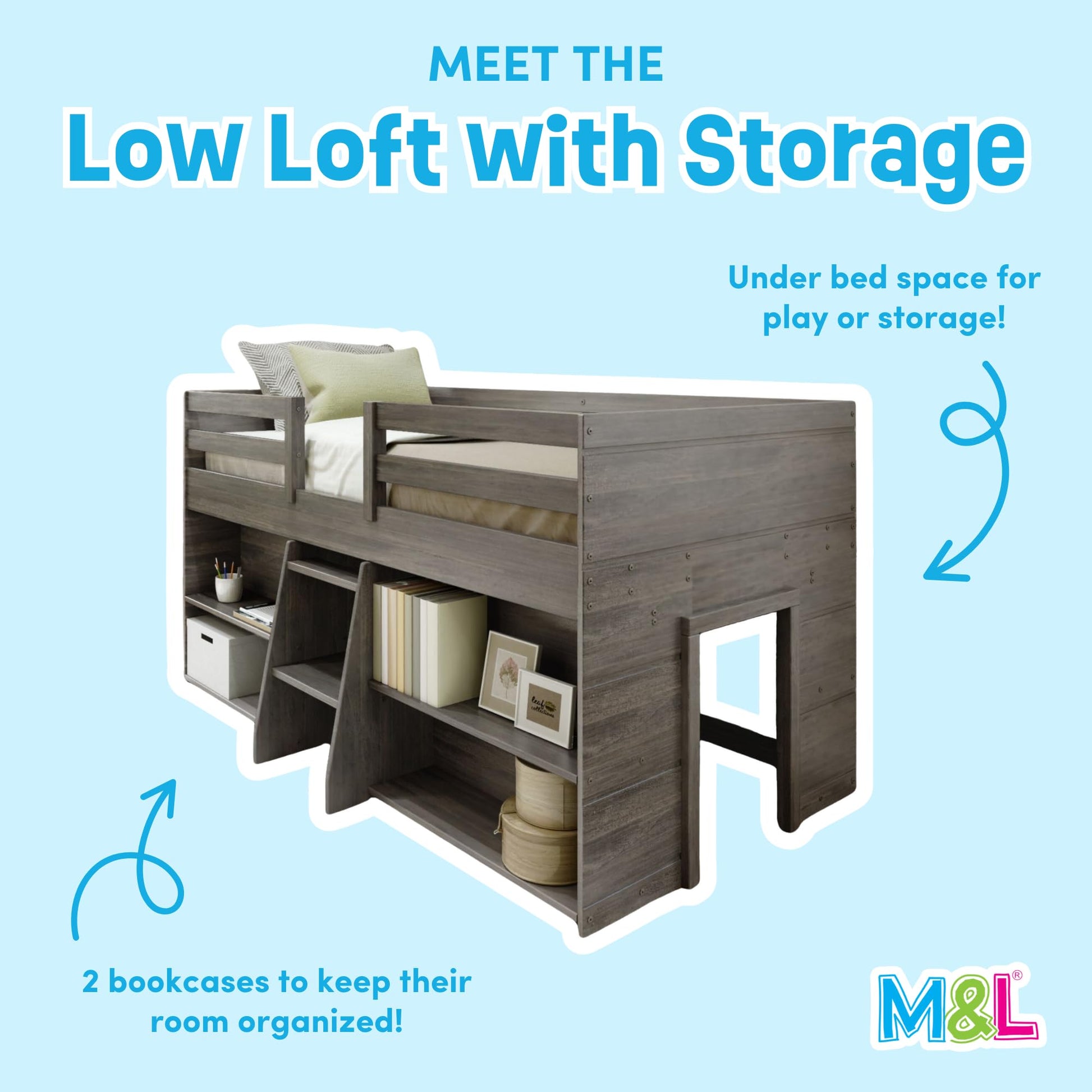 Max & Lily Driftwood Modern Farmhouse Low Loft Bed with 2 Bookcases for Kids - WoodArtSupply