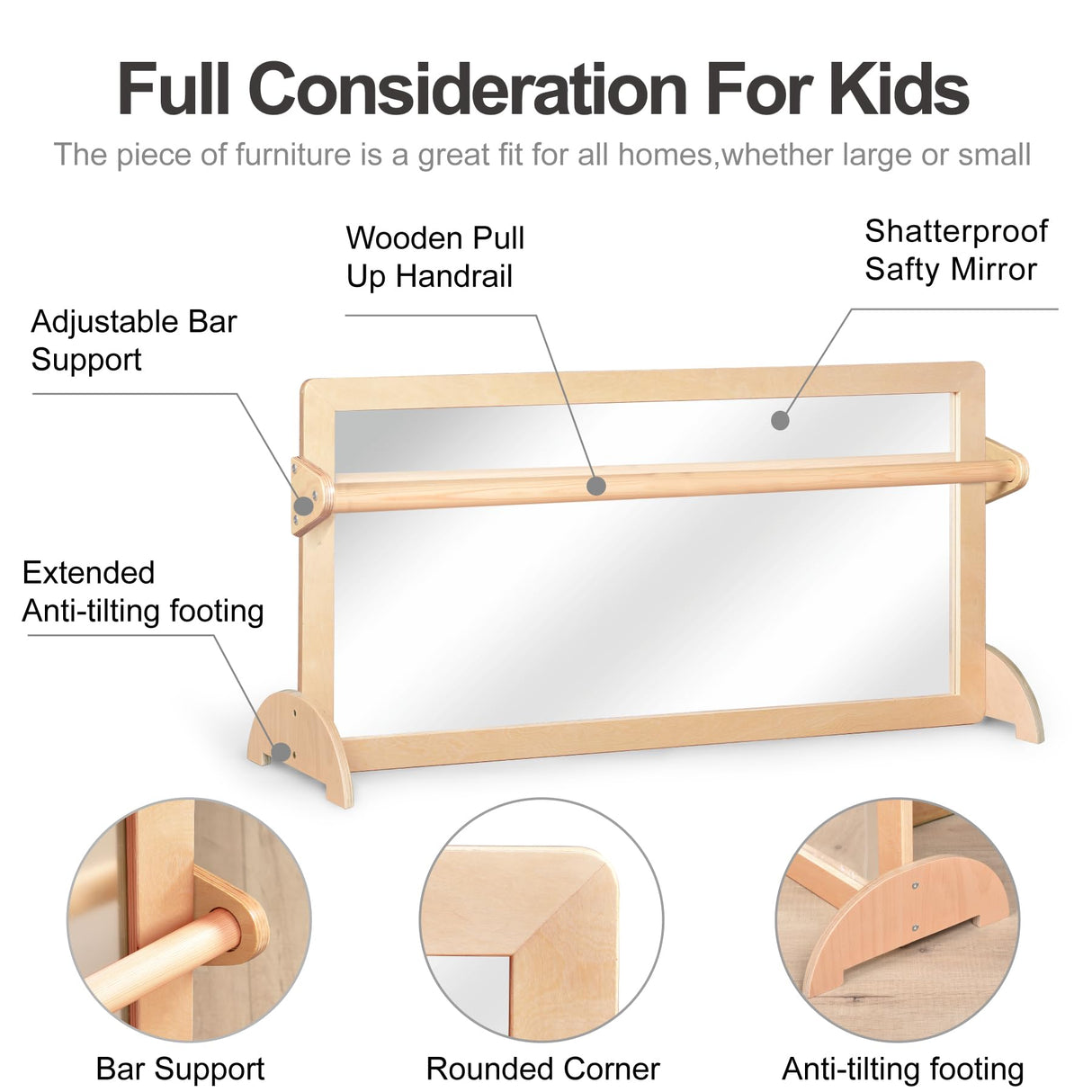 KRAND 3-Position Montessori Wood Frame Non-Shatter Safety Pull Up Bar Baby Big Mirror Set, Infant Coordination Mirror, Kids Classroom Furniture for Daycare, Homeschool or Preschool KRAND