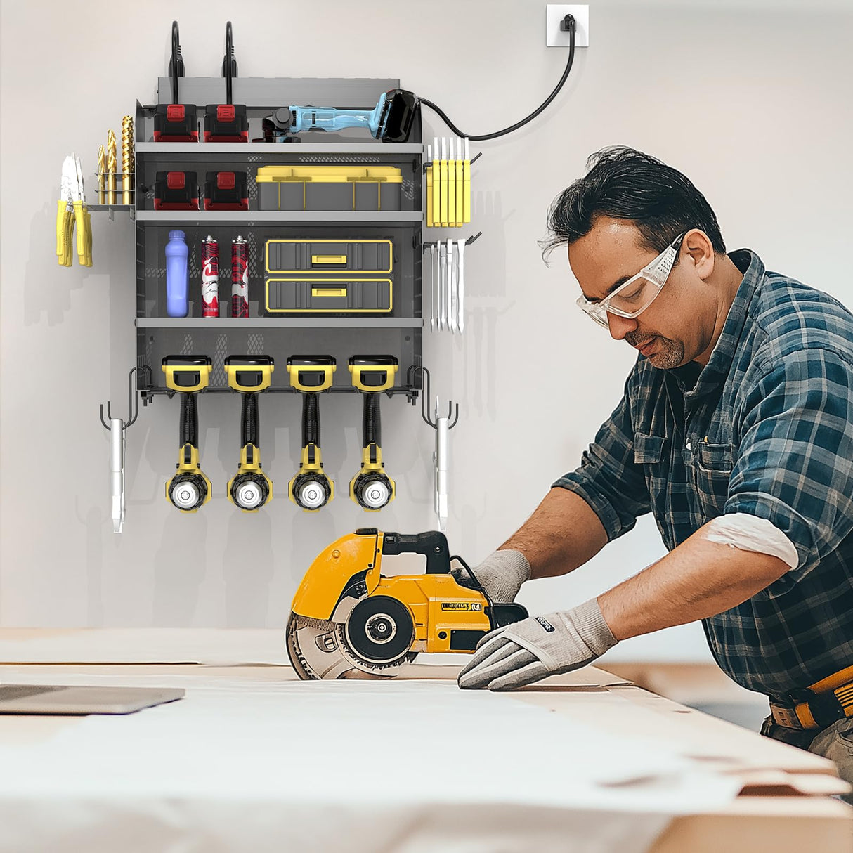 Drill Holder Wall Mount with 8-Outlet Charging Station, 190lbs Load 4 Layers Carbon Steel Heavy Duty Power Tool Organizer Wall Mount for Garage & Workshop, 4 Drill Holders, Modular Pegboard Rack OKKMAX