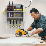 Drill Holder Wall Mount with 8-Outlet Charging Station, 190lbs Load 4 Layers Carbon Steel Heavy Duty Power Tool Organizer Wall Mount for Garage & Workshop, 4 Drill Holders, Modular Pegboard Rack OKKMAX