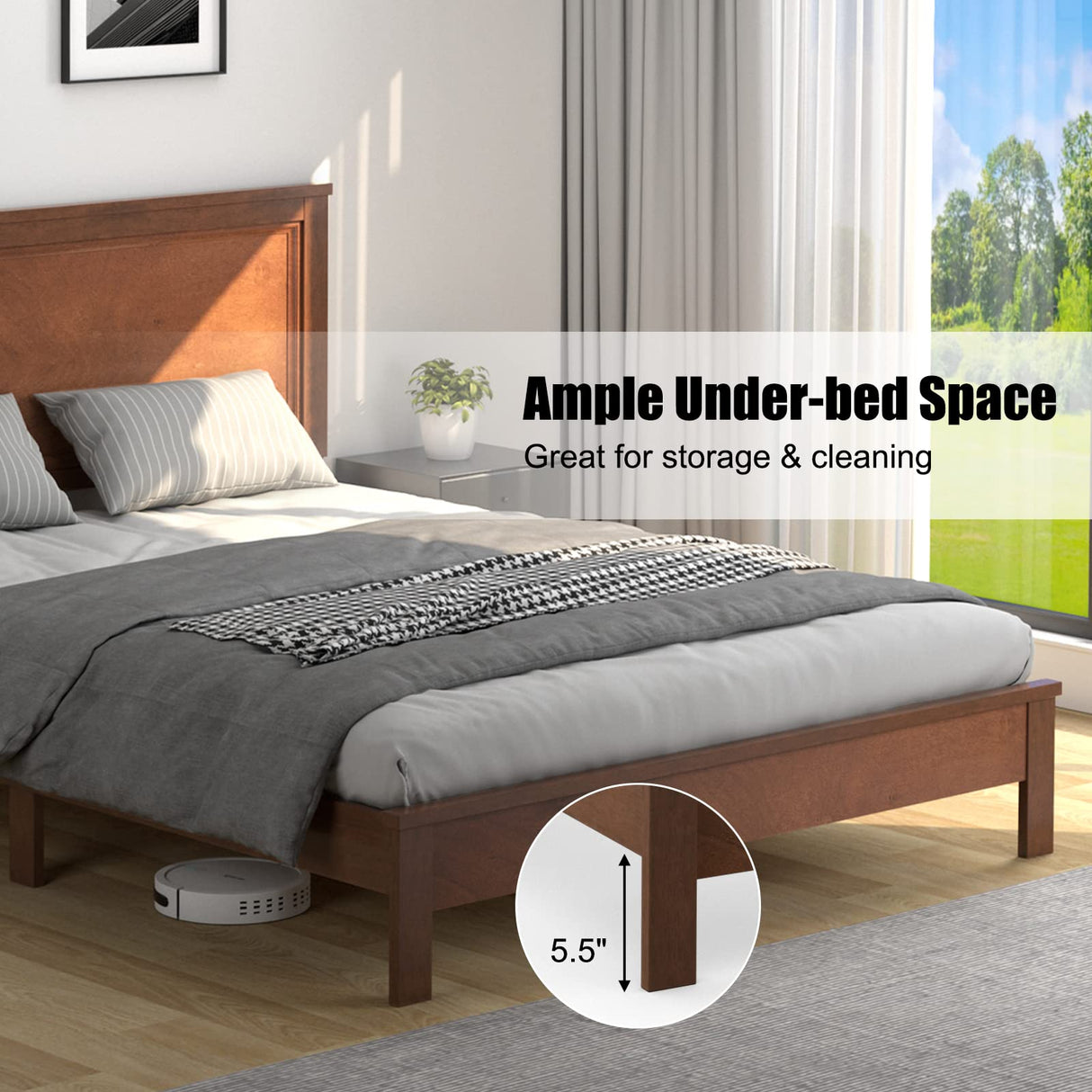 KOMFOTT Mid Century Queen Bed Frame with Headboard – Solid Wood Slats & Easy Assembly KOMFOTT