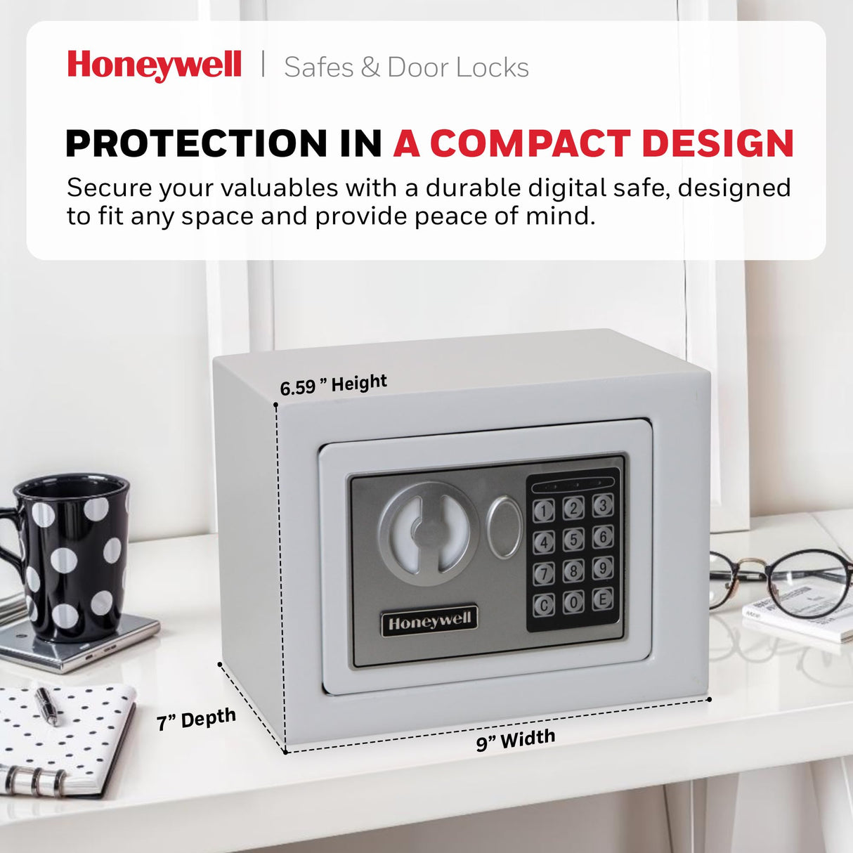 Honeywell Safes & Door Locks - Bolt Down Small Safe Box with Digital Lock for Home - Steel Security Electronic Lock Box - Cabinet & Door Design Safe with 2 Keys - 0.17-Cubic Feet - White - 5005W Honeywell Safes & Door Locks