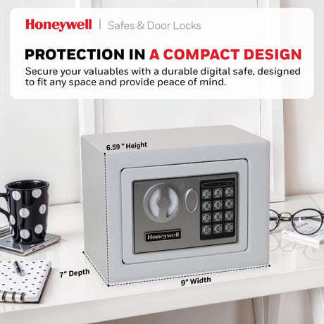 Honeywell Safes & Door Locks - Bolt Down Small Safe Box with Digital Lock for Home - Steel Security Electronic Lock Box - Cabinet & Door Design Safe with 2 Keys - 0.17-Cubic Feet - White - 5005W Honeywell Safes & Door Locks