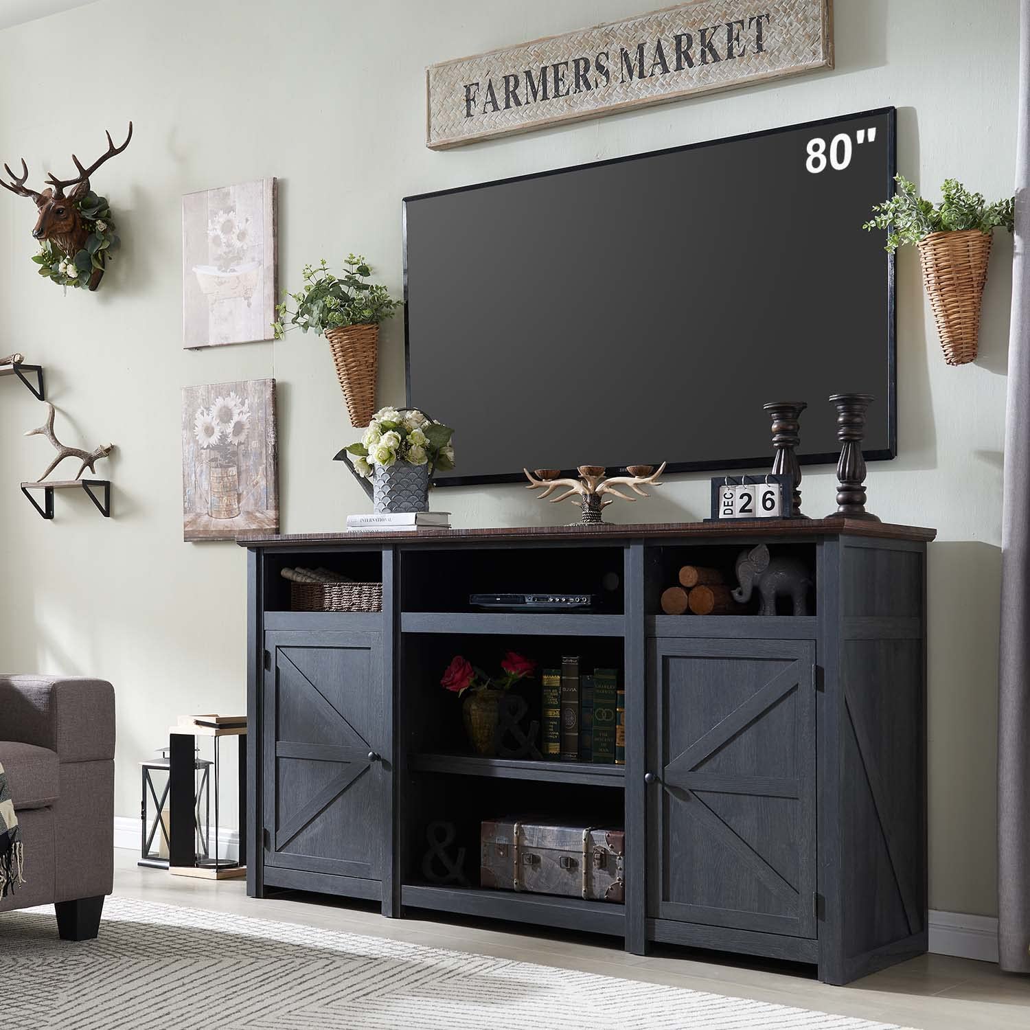 IFGET Farmhouse TV Stand for TVs Up to 80 inches, 39" Tall Highboy Entertainment Center w/Barn Door, Large Wood Rustic TV Console Cabinet w/Adjustable Shelves for Living Room, 70inch, Dark Gr - WoodArtSupply