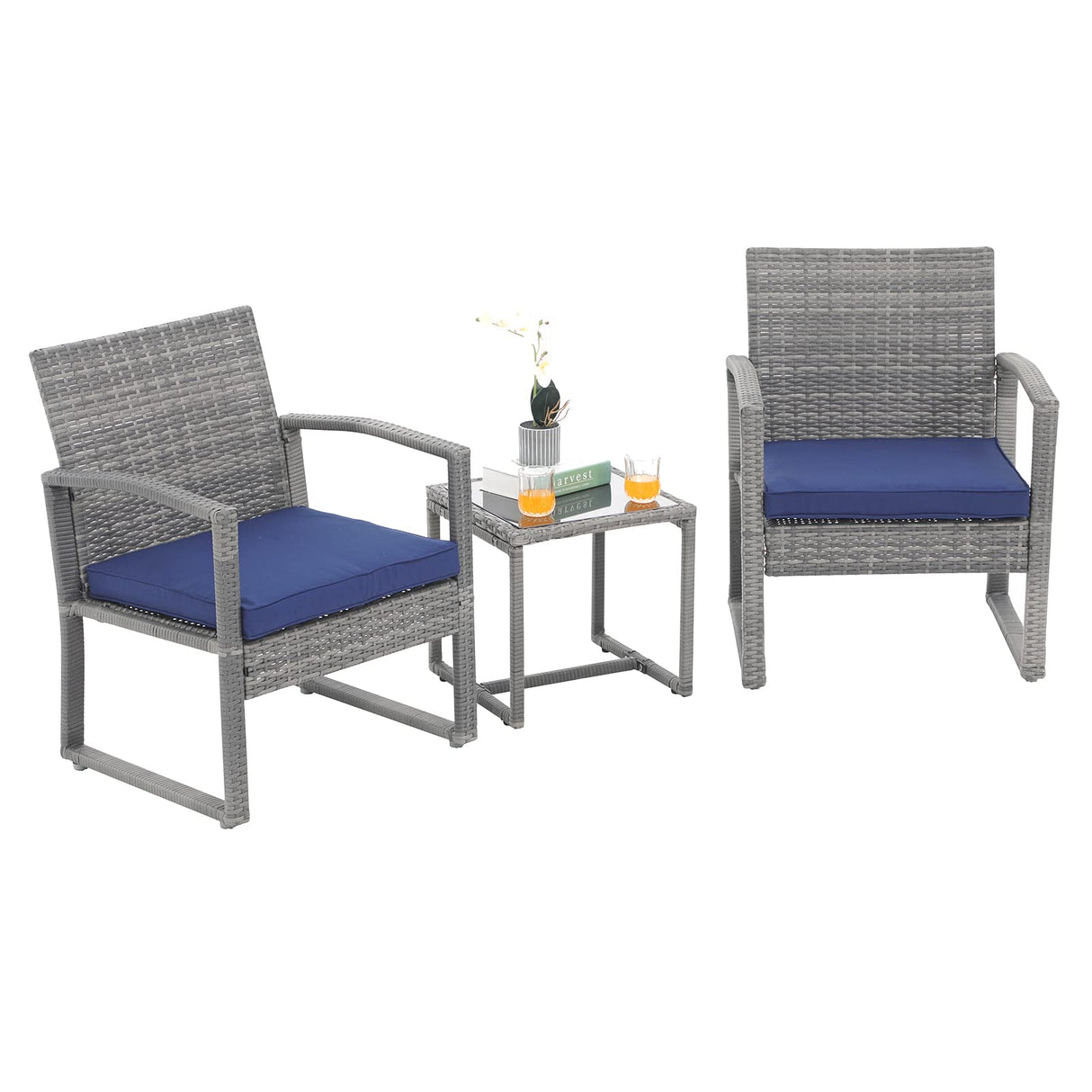 Patiorama 3 Pieces Outdoor Patio Furniture Set, Outdoor Wicker Conversation Set, Patio Rattan Chair Set, Modern Bistro Set with Coffee Table, Garden Balcony Backyard Poolside (Navy Blue) Patiorama