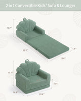 Blissful Diary Kids Couch, 2-in-1 Soft Toddler Couch Fold Out, Toddler Chair Comfy, Convertible Sofa to Lounger with Cute Shell Designs, Green Blissful Diary