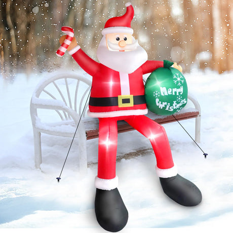 8FT Inflatable Sitting Santa Claus Christmas Outdoor Decorations, Blow Up Santa Claus with Gift Bag Sitting on Roof Wall Tree Chair, Xmas Outdoor/Indoor Decorations for Street House Patio Bench Shrubs FunFanso