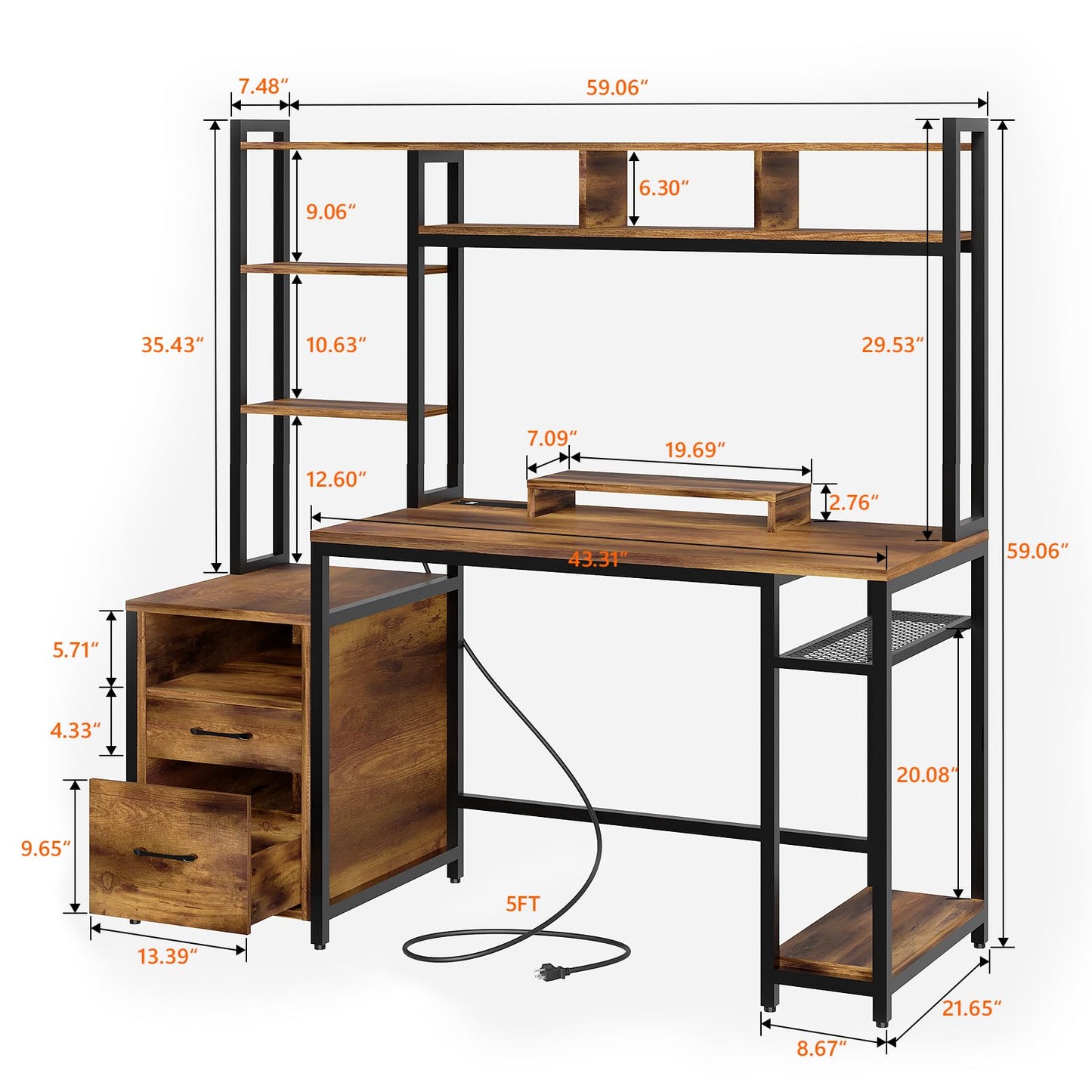 Vabches Computer Desk with Shelves 2 Drawers, Home Office Desk with Charging Station and LED Lights, 59" Desk with Hutch Monitor Stand Study Writing Table Laptop Workstation (Rustic Brown) - WoodArtSupply