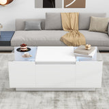 Led Coffee Table, Modern Center Table with High-Gloss Finish and Glass Tabletop, Coffee Table with Open Storage Compartment and 2 Hidden Drawers for Living Room, White RuiSiSi