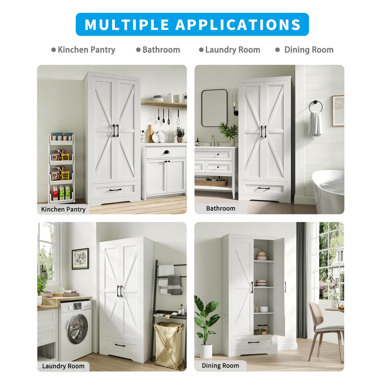 NOVAMAISON Farmhouse Kitchen Pantry Cabinet - 72” Tall Storage Cabinet w/Barn Doors & Adjustable Shelves & Drawer, White Cabinet Freestanding Wood Storage Cabinet for Kitchen, Dining Room, Bathroom NOVAMAISON