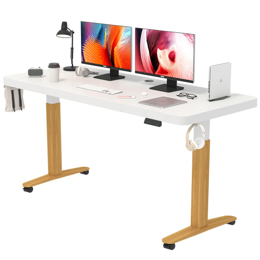 Monomi Electric Standing Desk, 55 x 28 inches Height Adjustable Desk, Ergonomic Home Office Sit Stand Up Desk with Memory Preset Controller (White Top/Wood Grain Frame) - WoodArtSupply