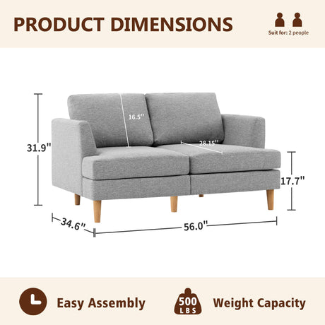 Busaurus Loveseat Sofa 56" Mid Century Modern Small Couches for Small Spaces Love Seat with 2-Seat Upholstered Cushion Sofa Couches for Bedroom Small Couch for Living Room Apartment (Grey) Busaurus