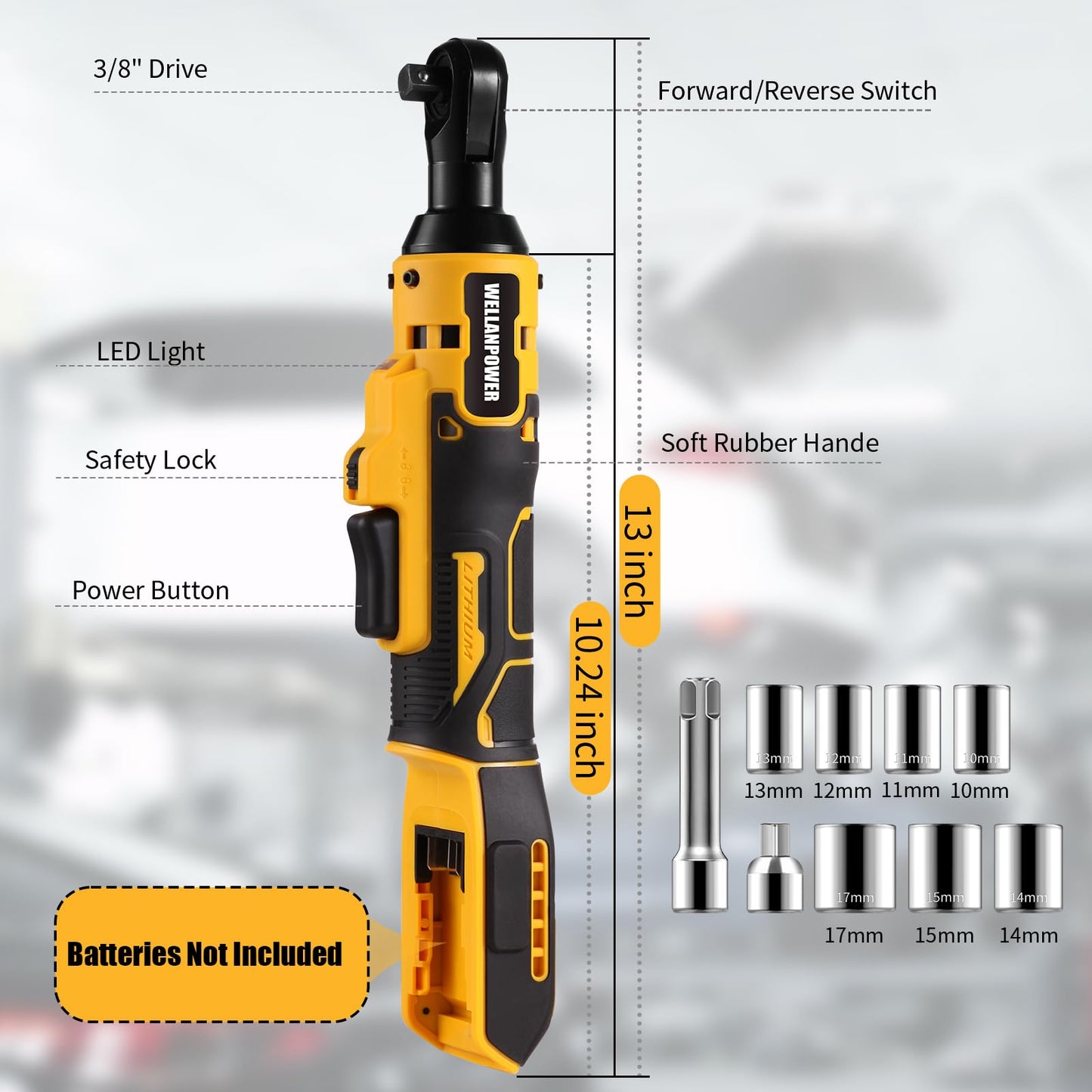 Electric Ratchet, Cordless Ratchet Wrench 3/8" Compatible with DEWALT 20V Battery, 74Ft-lb, 580 RPM, Variable Speed Trigger, LED Light, 3/8" to 1/4" Adapter, 9 Sockets, No Battery Included - WoodArtSupply