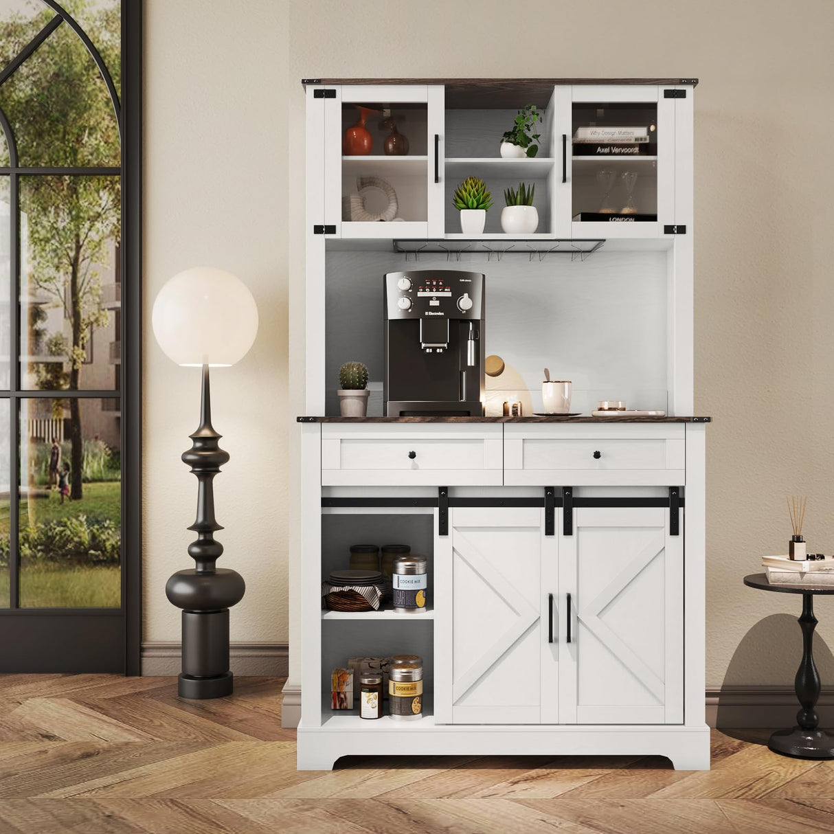 ARTPOWER Wine Bar Cabinet with Sliding Barn Door, 72" Hutch Cabinet with Wine&Glasses Rack, Tall Farmhouse Kitchen Pantry Buffet with Drawers for Dining Room, White ARTPOWER