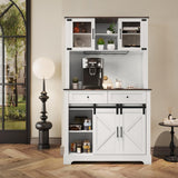 ARTPOWER Wine Bar Cabinet with Sliding Barn Door, 72" Hutch Cabinet with Wine&Glasses Rack, Tall Farmhouse Kitchen Pantry Buffet with Drawers for Dining Room, White ARTPOWER