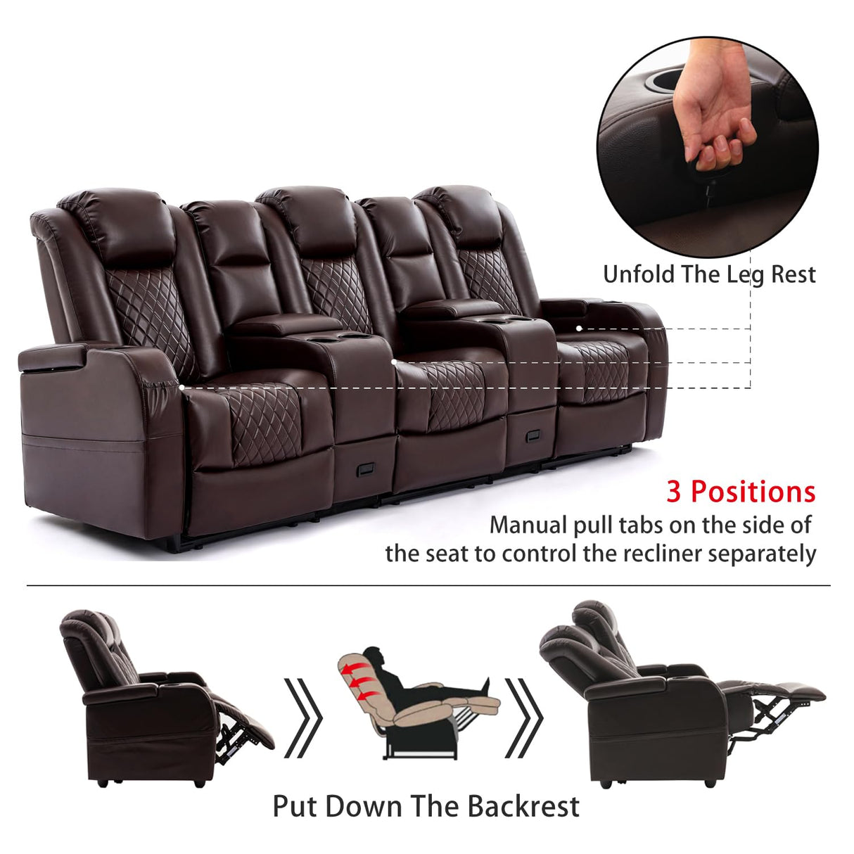 Attliahome Home Theater Seating, Recliner Sofa PU Leather with Central Console and 3 Pillows, Wall Hugger Recliners & 135° Reclining Theater Seats (Row of 3,Brown) Attliahome