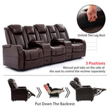 Attliahome Home Theater Seating, Recliner Sofa PU Leather with Central Console and 3 Pillows, Wall Hugger Recliners & 135° Reclining Theater Seats (Row of 3,Brown) Attliahome