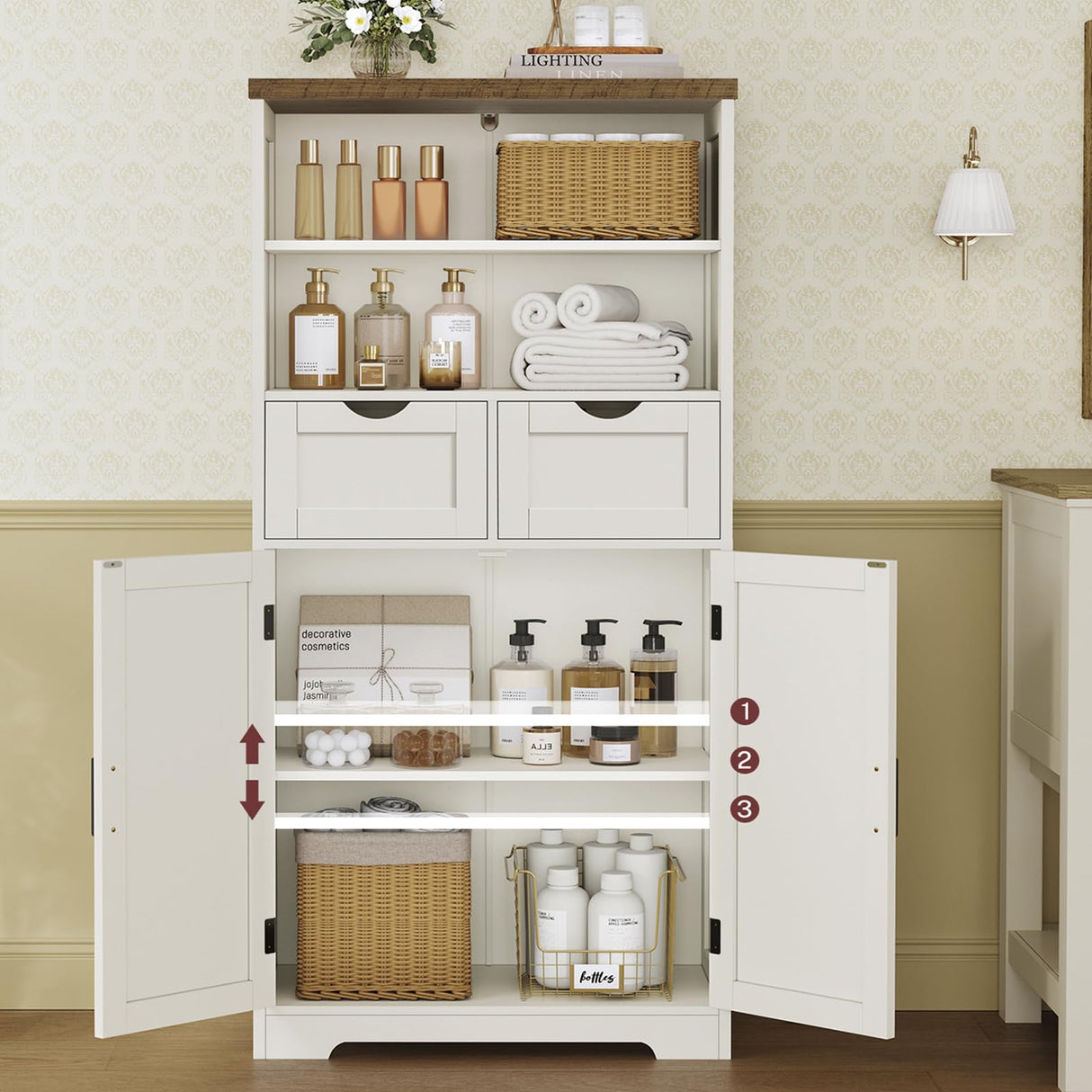 TEENFON Storage Cabinet with Doors & 2 Drawers, Kitchen Cabinet with Adjustable Shelf, Pantry Cabinets, Bathroom Cabinets, for Living Room, Entryway, Home Office, White TEENFON