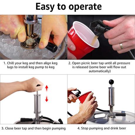 MRbrew Keg Party Pump, American D System Beer Keg Tap Keg Hand Pump 4'' Picnic Pump with Beer Faucet & Beer Hose, Chrome-Plated Keg Draft Beer Party Pump with 2 Hose Clamps Kegerator Pump for Homebrew MRbrew