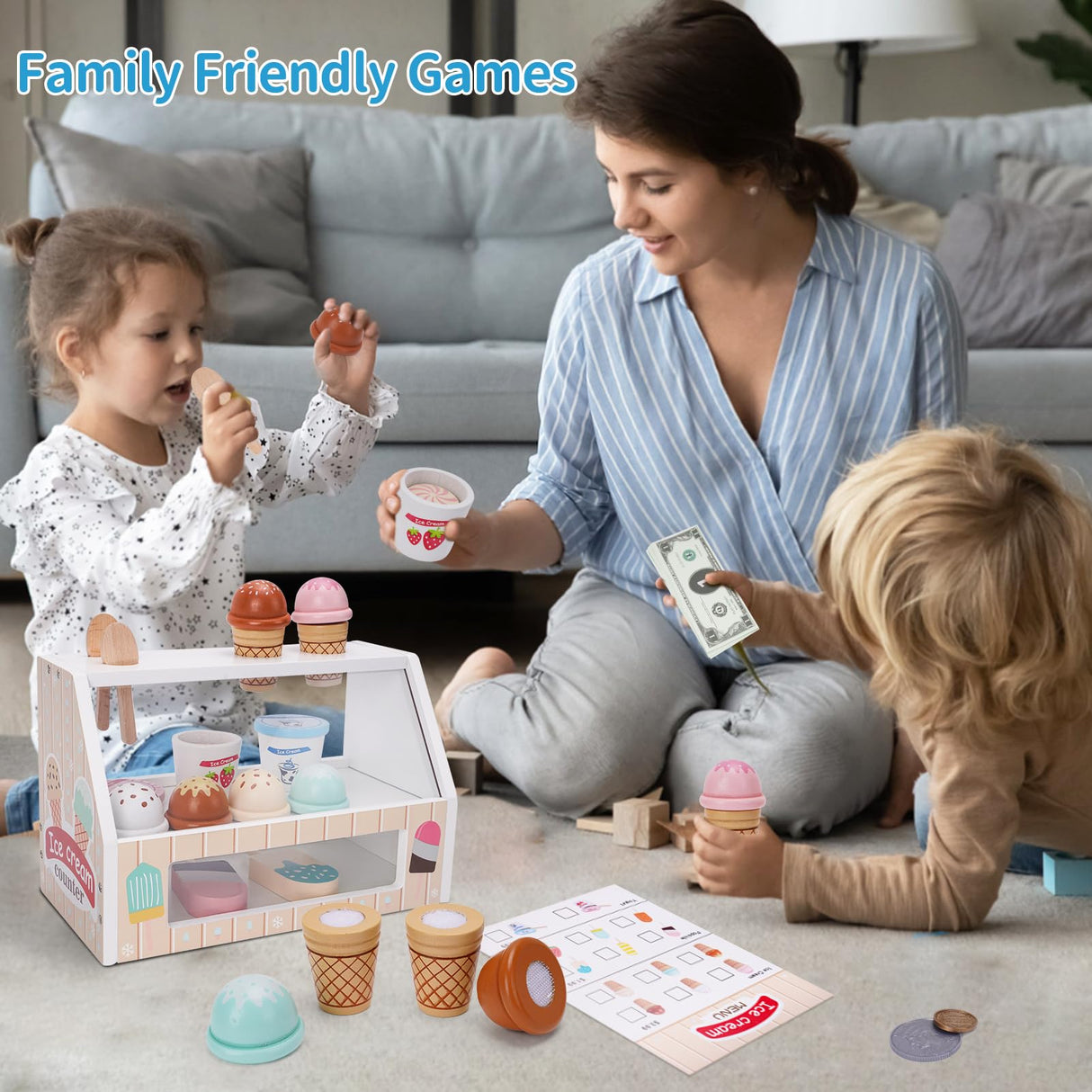 Wooden Ice Cream Counter Playset for Kids, Toddler Girl Toys Kitchen Playset Pretend Play Gifts for 3 4 5 6 Year Old Girl or Boy, Play Food Scoop and Serve, Play Kitchen Sets for Kids Ages 4-8 Melofaver