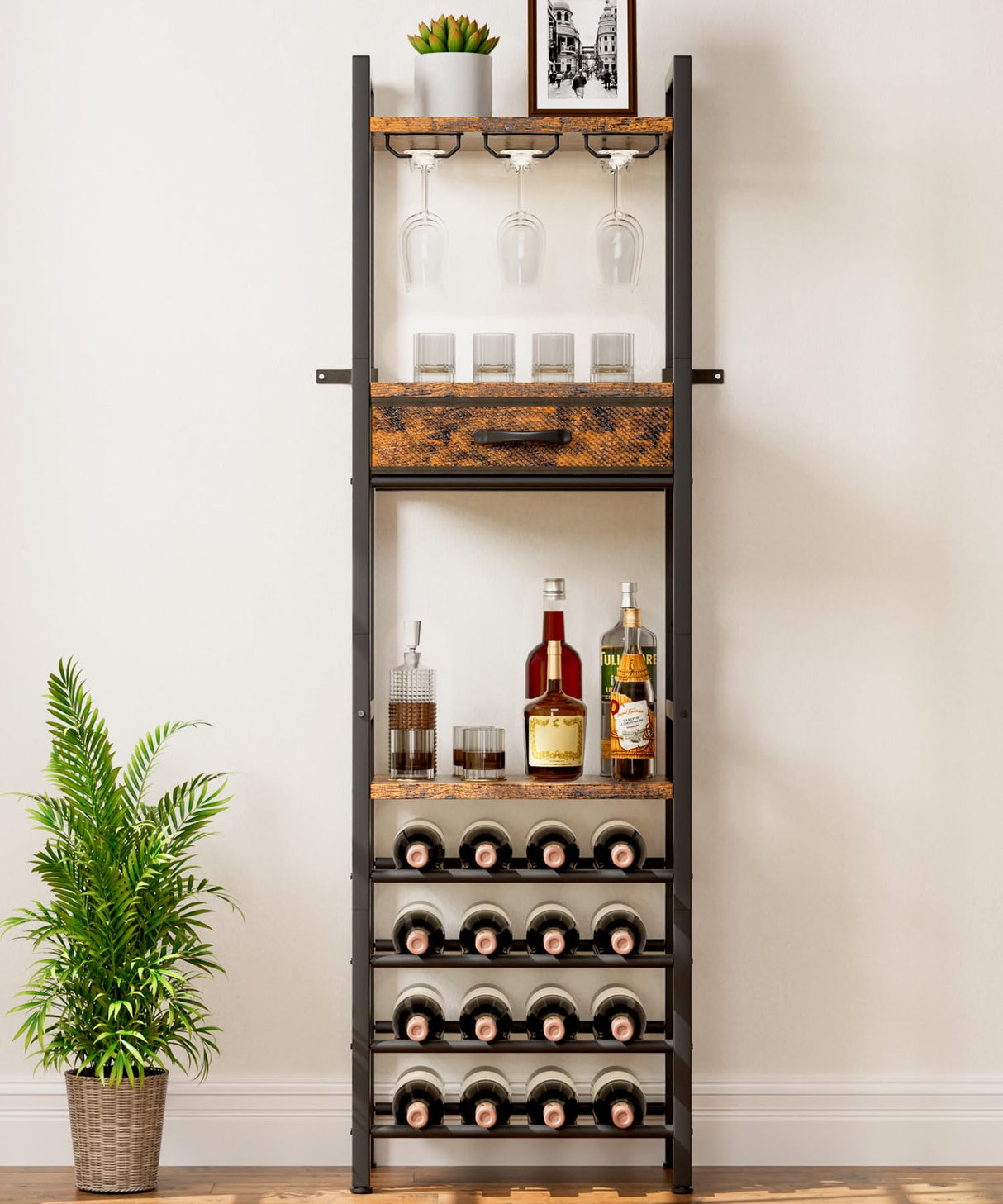 Vilaxing Wine Rack Freestanding Floor, Liquor Bar Cabinet with Storage Drawer, 4-Tier Bottle and 3-Row Glass Holder with Tabletop for Home Kitchen Living Room Vilaxing