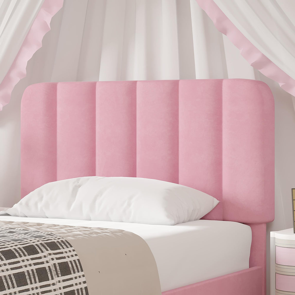 VECELO Twin Size Bed Frame with Upholstered Headboard, Velvet Platform Bedframe Mattress Foundation, Strong Wood Slat Support, No Box Spring Needed,Pink VECELO