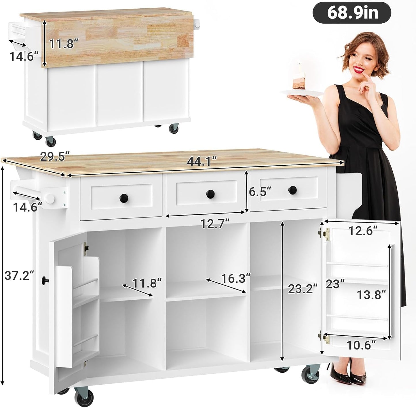 Rovibek Rolling Kitchen Island with Drawers, White Kitchen Island Cart with Storage, 53 in Portabl Island for Kitchen with Large Storage Cabinet, Shelf and Drawer