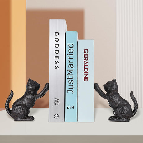 Cat Decorative Bookends, Cute Book Ends to Hold Books, Bookends for Shelves, Unique Cast Iron Book Stopper for Heavy Books, Cat Office Decor, 1 Pair/2 PCS JOUTYFOR