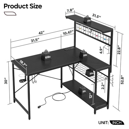 Bestier Gaming Desk with Power Outlets,42 Computer Desk with LED Lights, Reversible Corner Desk with 4-Tier Shelves,Cup Holder & Hook for Home Office,Carbon Fiber Black