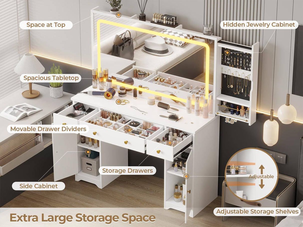 Hasuit Makeup Vanity Desk with Large Mirror and LED Lights, Vanity Table with Sliding Jewelry Cabinet and Power Outlets, Vanity with Storage Cabinets & Drawers, 3 Lighting Modes Brightness Adjustable Hasuit