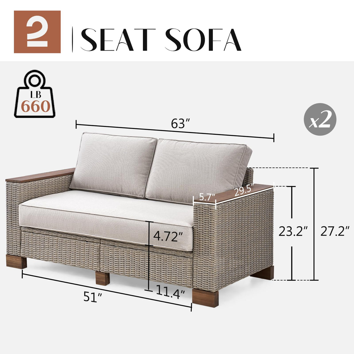 LUXOAK 4-Piece Outdoor Patio Furniture Set, All-Weather Wicker Sofa with 5.9" Solid Wood Armrests, Wooden Legs, and Cushions – Sectional Conversation Set for Backyard, Porch, Garden, or Poolside LUXOAK