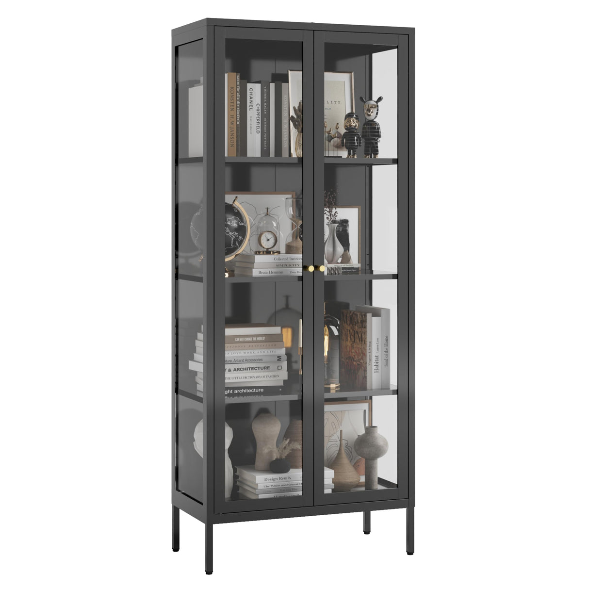 UNICOLY Glass Display Cabinet 4-Tier, Display Cabinet with Glass Doors, Curio Display Cabinet with Tempered Glass Doors,Metal Storage Cabinets for Living Room, Plant, Assembly Required, Black UNICOLY