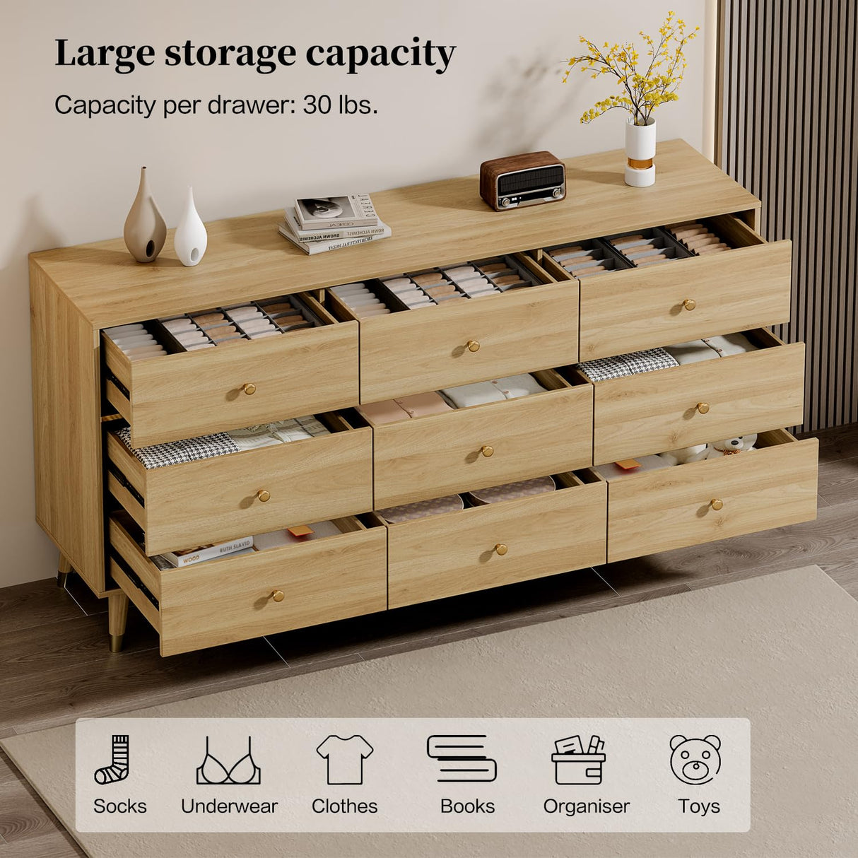 Chrangmay 9 Drawer Dresser,63" Wide Mid Century Modern Chest of Drawers,Wooden Bedroom Drawer Dresser with 9 Storage Drawers for Bedroom, Living Room,with Anti-Tipping Device,Woody Chrangmay