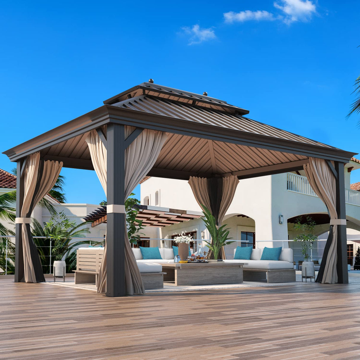 MELLCOM 12' x 16' Hardtop Gazebo, Galvanized Steel Metal Double Roof Aluminum Gazebo with Curtains and Netting, Brown Permanent Pavilion Gazebo with Frame for Patios, Gardens, Lawns MELLCOM