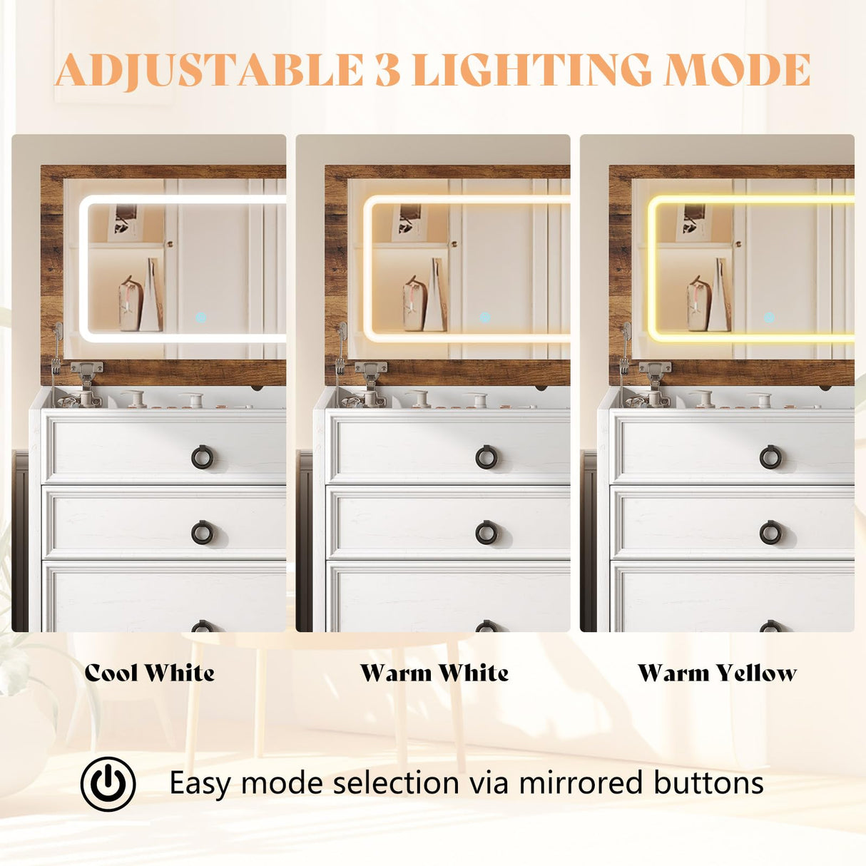 AMERLIFE 3-in-1 Makeup Vanity with Sliding Stool, Fold-up Panel, Divided Storage & Power Port, Farmhouse Makeup Table with Adjustable LED Light, for Small Space, White & Barnwood AMERLIFE