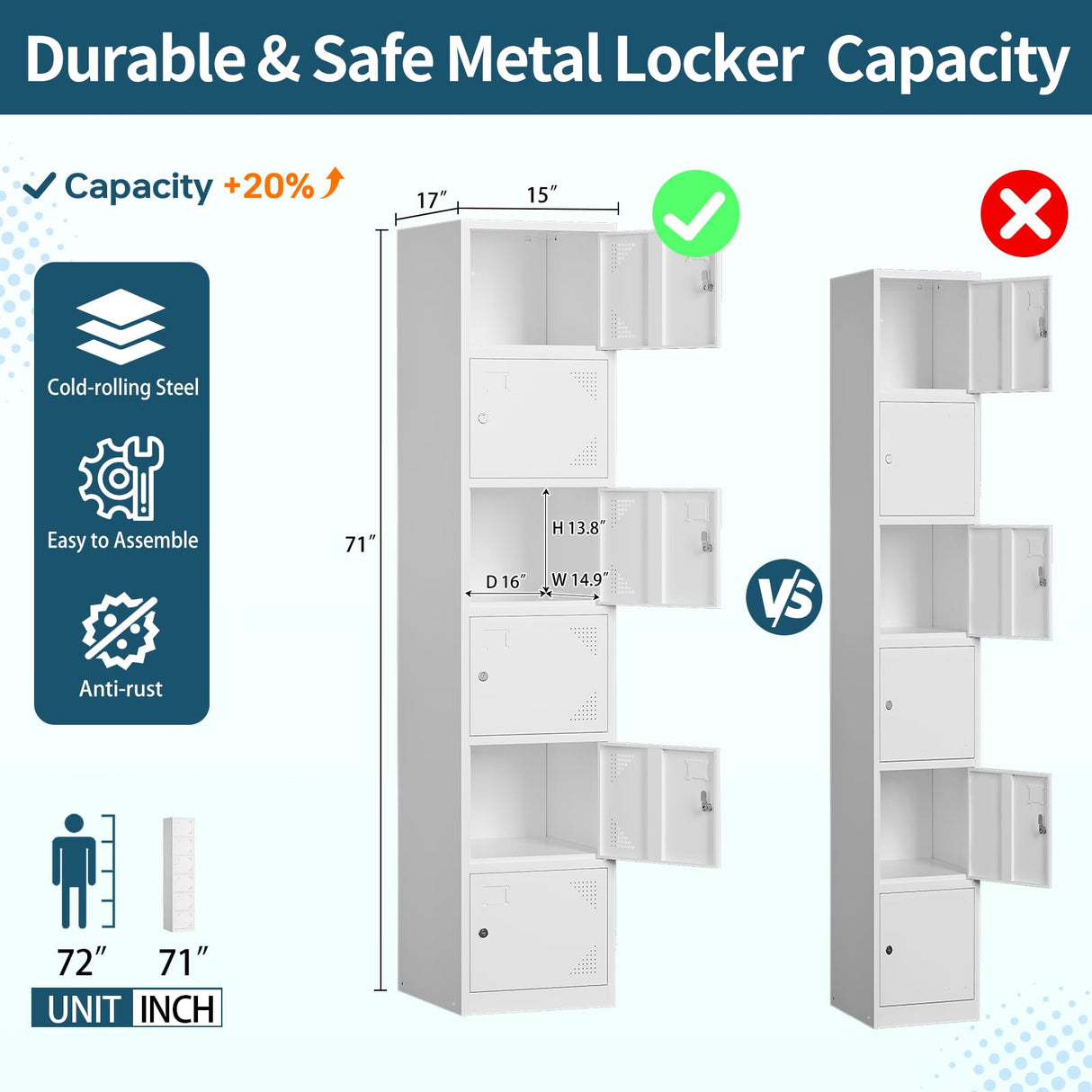 MIIIKO Office Storage Locker with Keys, 6 Doors Employee Lockers White, Large Metal Locker for School, Locker Room, Gym, Breakroom and Mudroom MIIIKO