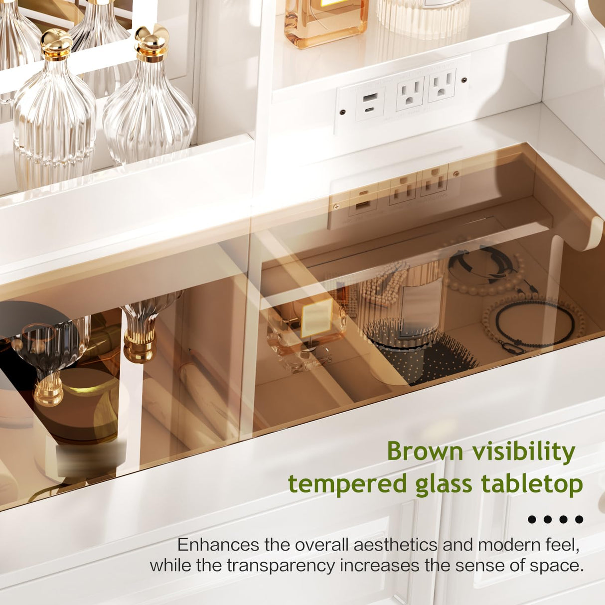 YYJ 42" Makeup Vanity Desk with Mirror and Lights, & Power Outl,Glass Top Big Vanity Table with 9 Drawers& 8 Storage Shelves,Vanity Table Set with Chair for Bedroom,White,W YYJ