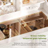 YYJ 42" Makeup Vanity Desk with Mirror and Lights, & Power Outl,Glass Top Big Vanity Table with 9 Drawers& 8 Storage Shelves,Vanity Table Set with Chair for Bedroom,White,W YYJ
